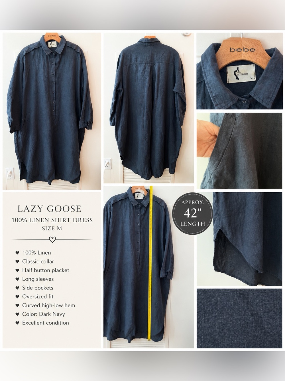 LAZY GOOSE 100% Linen Dark Charcoal Gray Shirt Dress